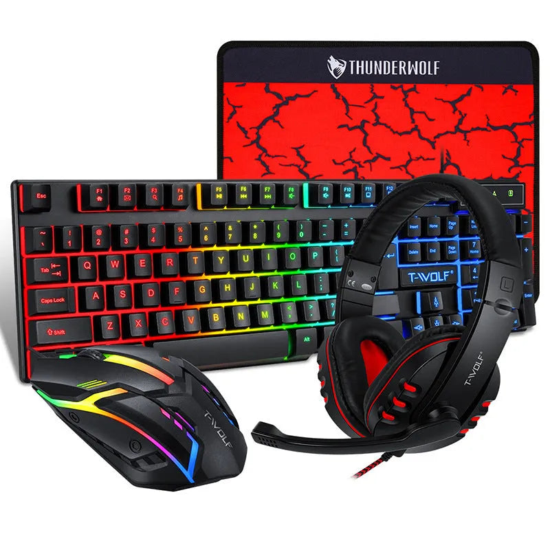 Thunder Wolf T800 four piece wired USB gaming keyboard, mouse, headset, and mouse pad bundle.