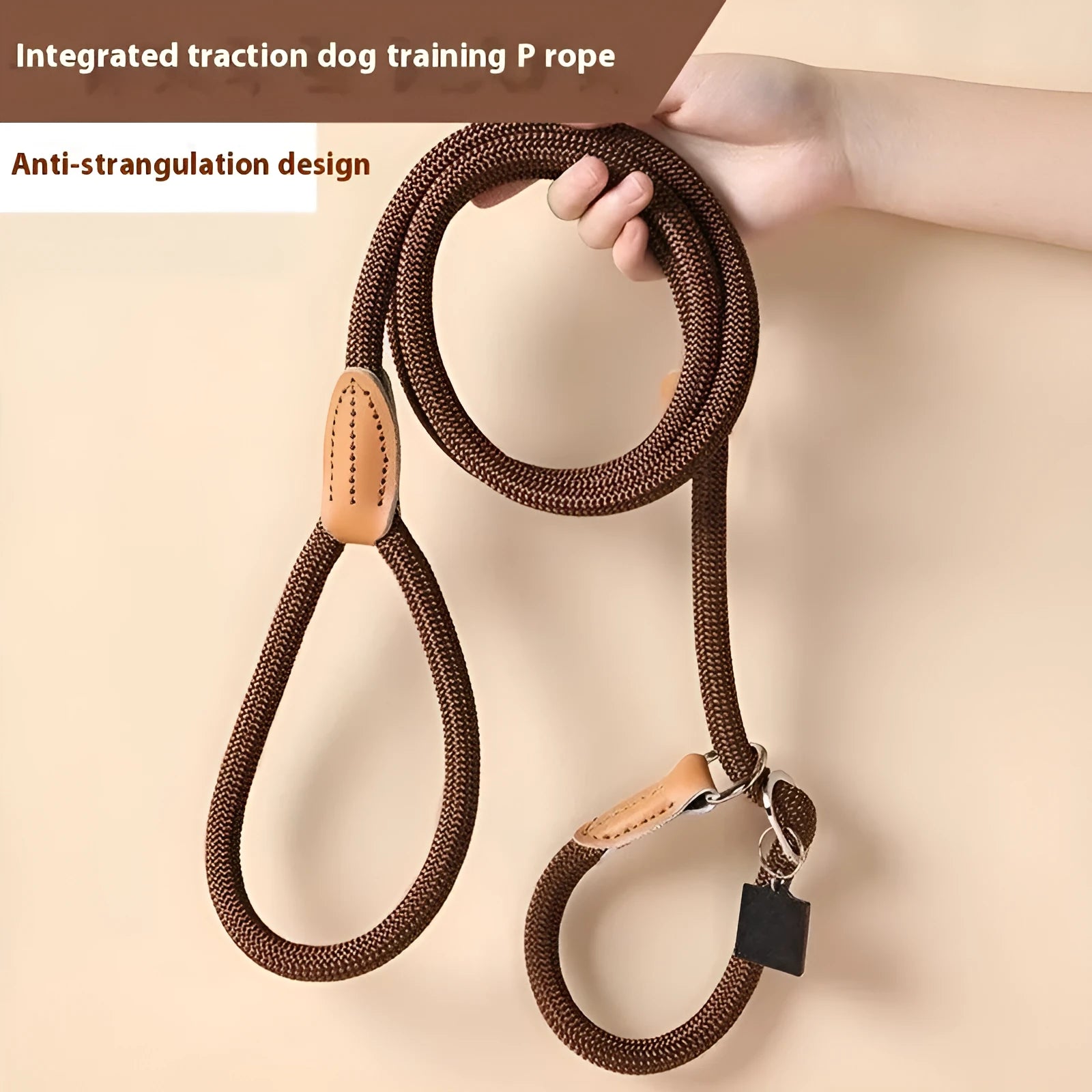 Nylon dog training rope in black, 1.5m length, 1.0cm thickness, on plain background
