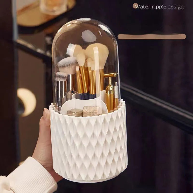 Transparent acrylic makeup brush storage box with rotating base and white brush tubes
