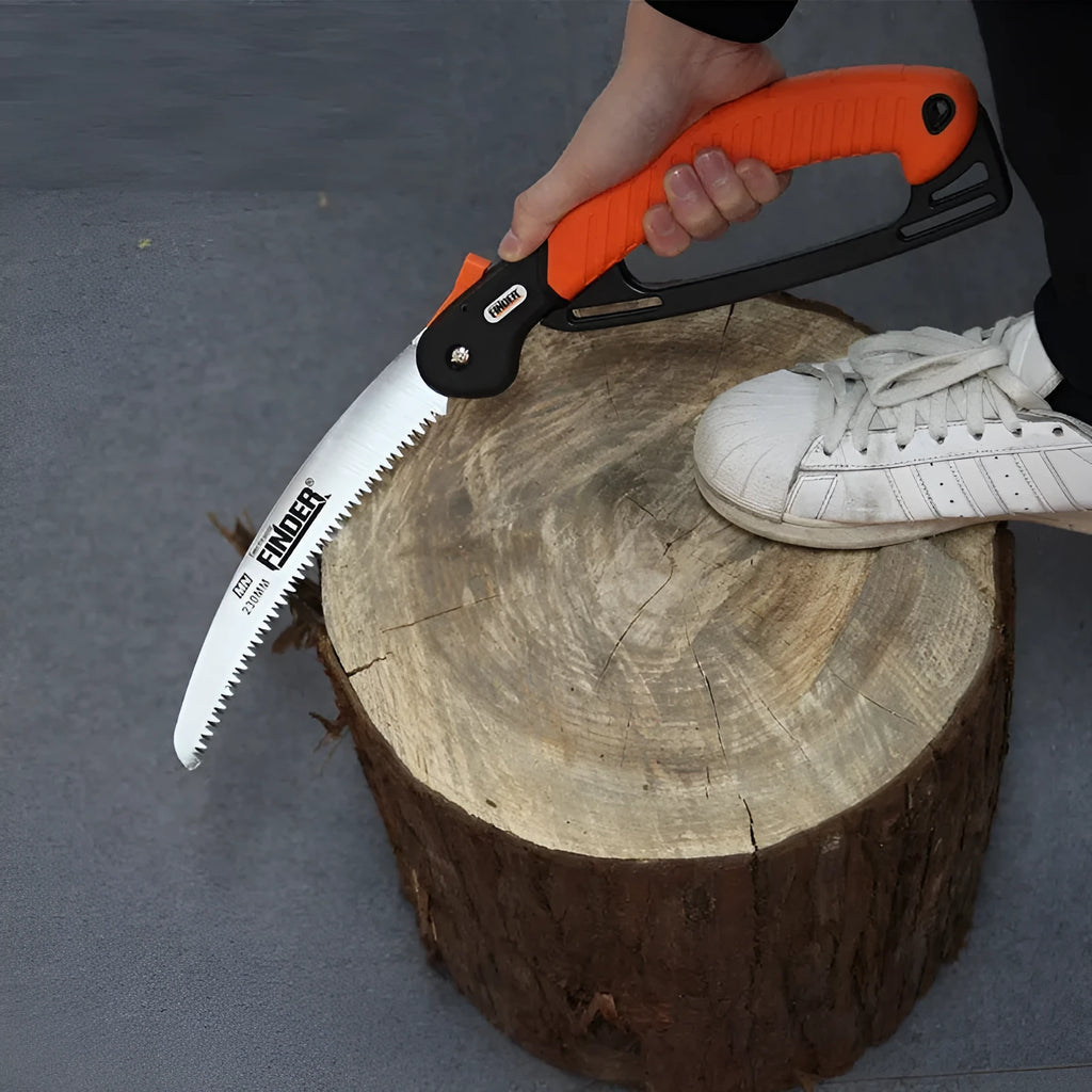 Folding garden pruning saw with a 230mm blade and black TPR grip shown open and closed.