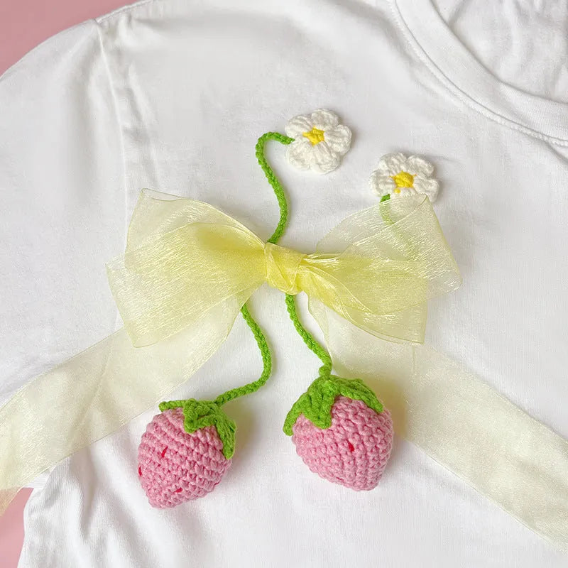 Handmade wool crochet woven strawberry pendant on 35cm cord in pink colour option