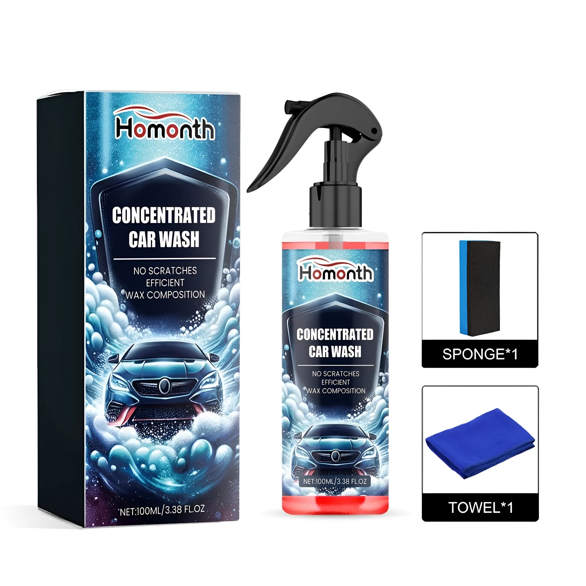 Car exterior cleaner kit showing 100ml PE bottle, small sponge, and square microfibre cloth.