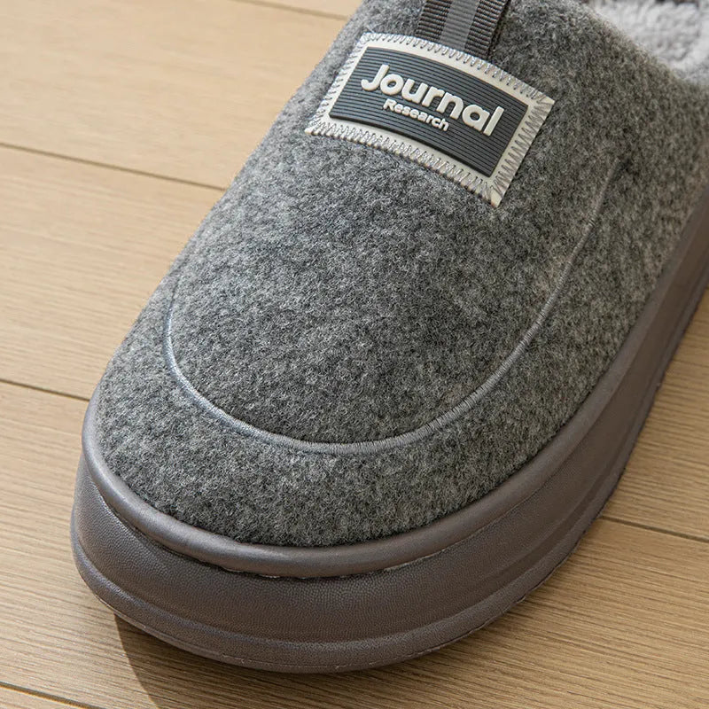 Men's grey and brown suede slippers with a thickened sole for larger foot sizes.