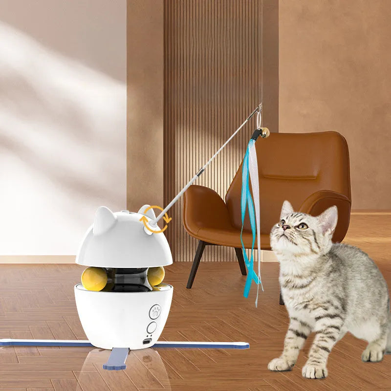 White automatic electronic cat toy with elastic rope and funny stick attachment for indoor feline play