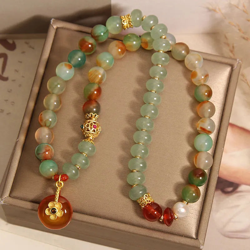 Peacock green agate double ring bracelet with safety buckle clasp and rhinestone decorative elements