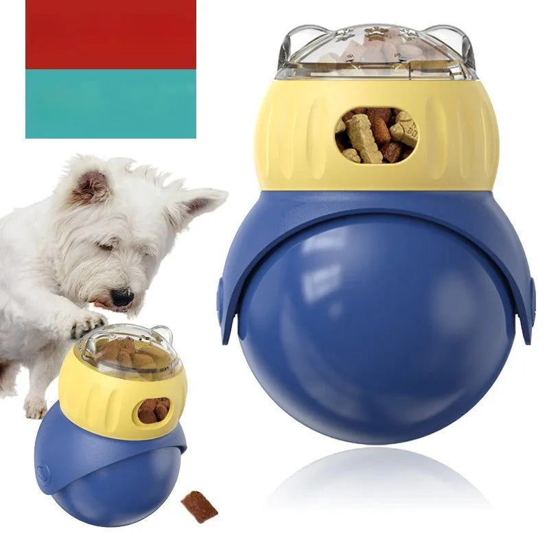 Morandi yellow and blue plastic owl-shaped cat puzzle feeder toy.
