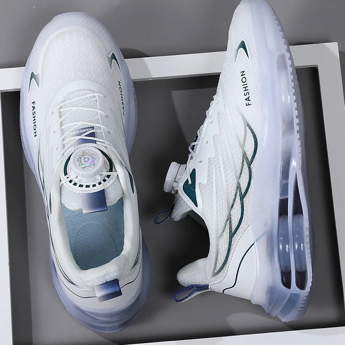 White rotating button casual shoes with mesh upper and rubber sole