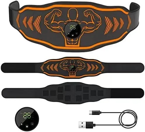 Blue and orange rechargeable EMS smart massage belt with host unit, belt, and arm stickers.