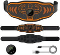 Blue and orange rechargeable EMS smart massage belt with host unit, belt, and arm stickers.