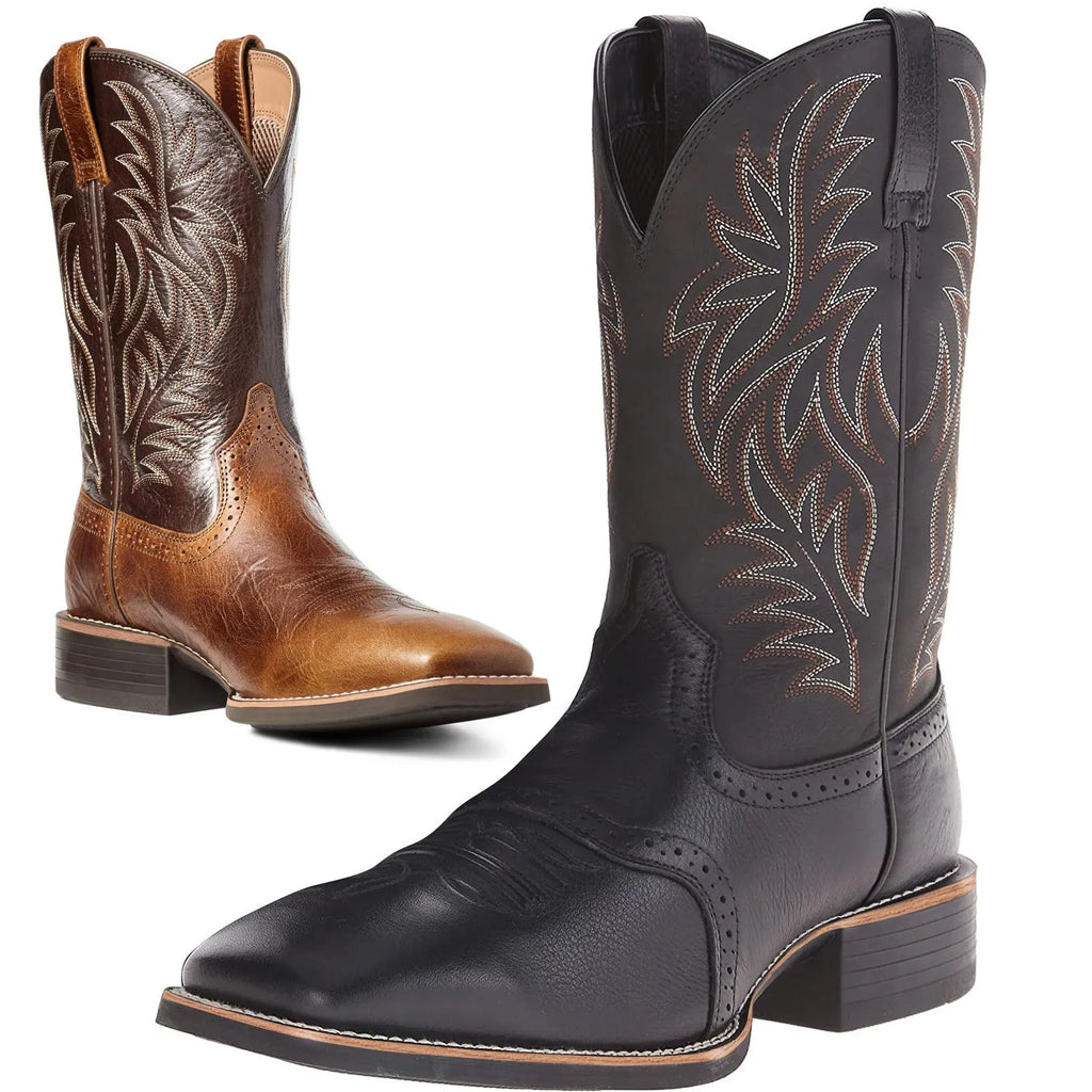 Men's black western cowboy boots with embroidery detail on a square toe and high shaft