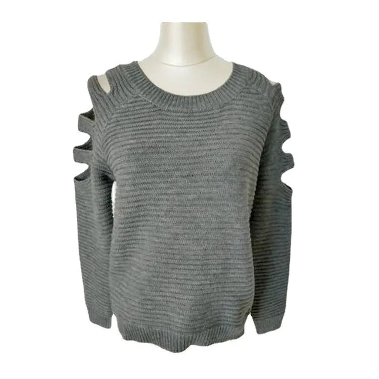 Women's white hollow-out crocheted knitted long sleeve pullover shirt.
