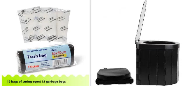 Disposable emergency urine bag kit with black degradable bags and curing agent sachets.