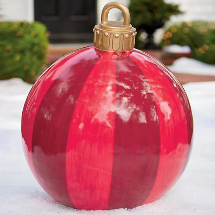 Large red and white striped inflatable PVC Christmas ball ornament with a 60cm diameter.