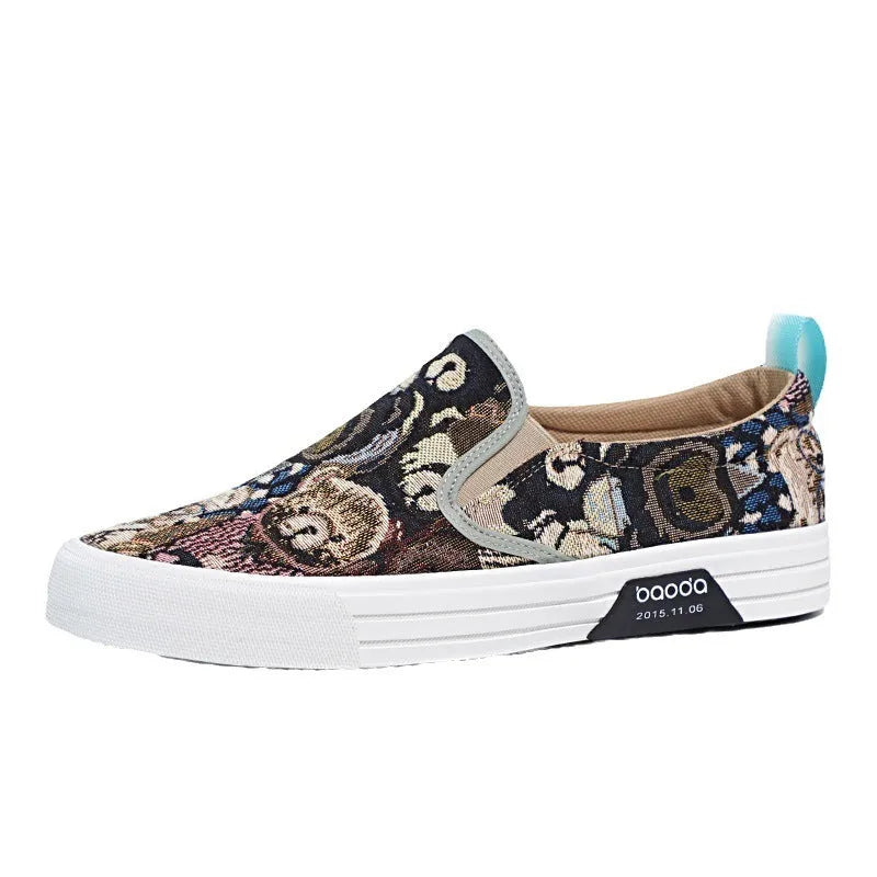 Canvas slip-on sneakers in khaki, grey green, or black with vulcanised rubber sole.