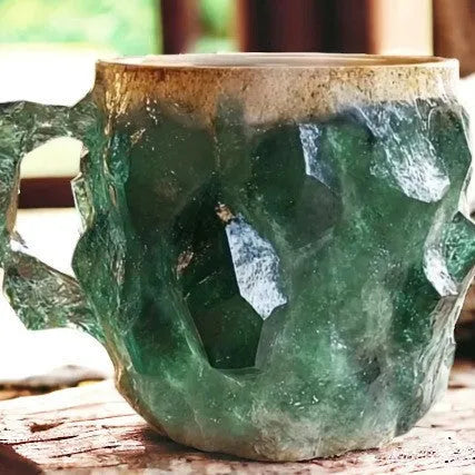Purple resin coffee mug with handle showing crystal-like transparency on a table.