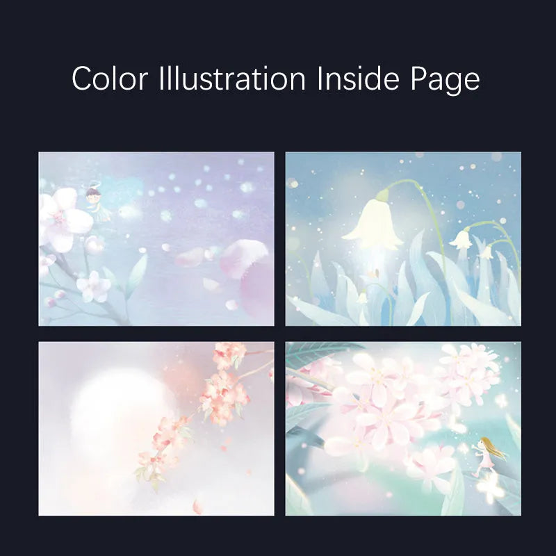 A5 notebook with a luminous blue cover, open to show white paper and a colour illustration page.