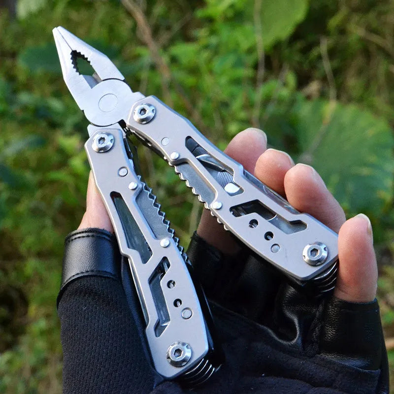 All steel 14-in-1 multi-function folding pliers with locking blade and screwdrivers, black finish