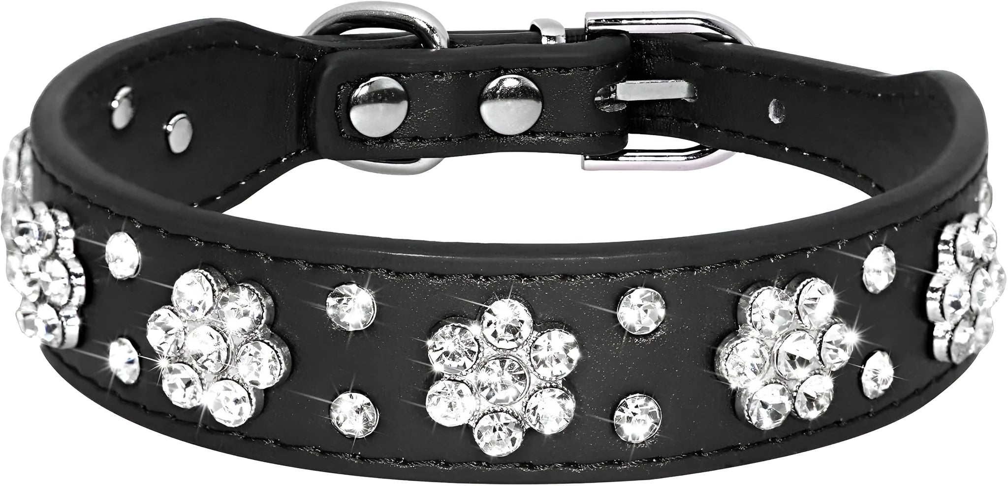 Soft black PU leather dog collar with sparkling pink rhinestone flower studs and a metal D-ring.