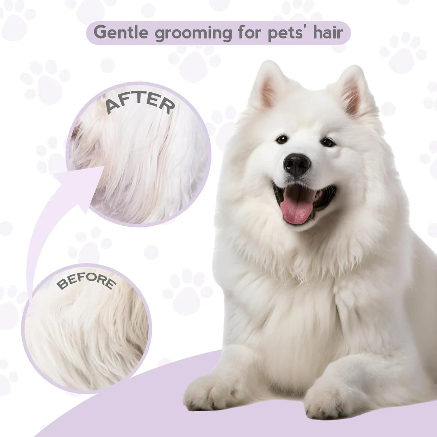 Purple pet detangling comb with stainless steel teeth and ergonomic handle for dogs and cats.