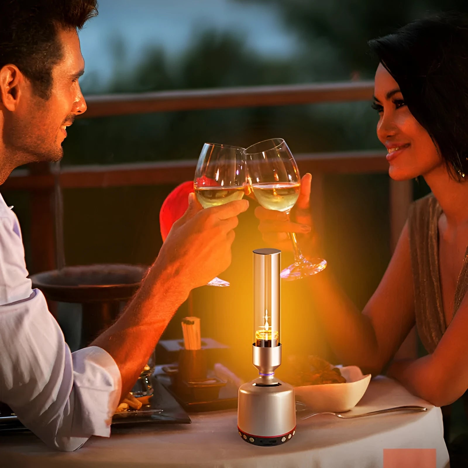 White silver cylindrical Bluetooth speaker night light with candlelight LED glow.