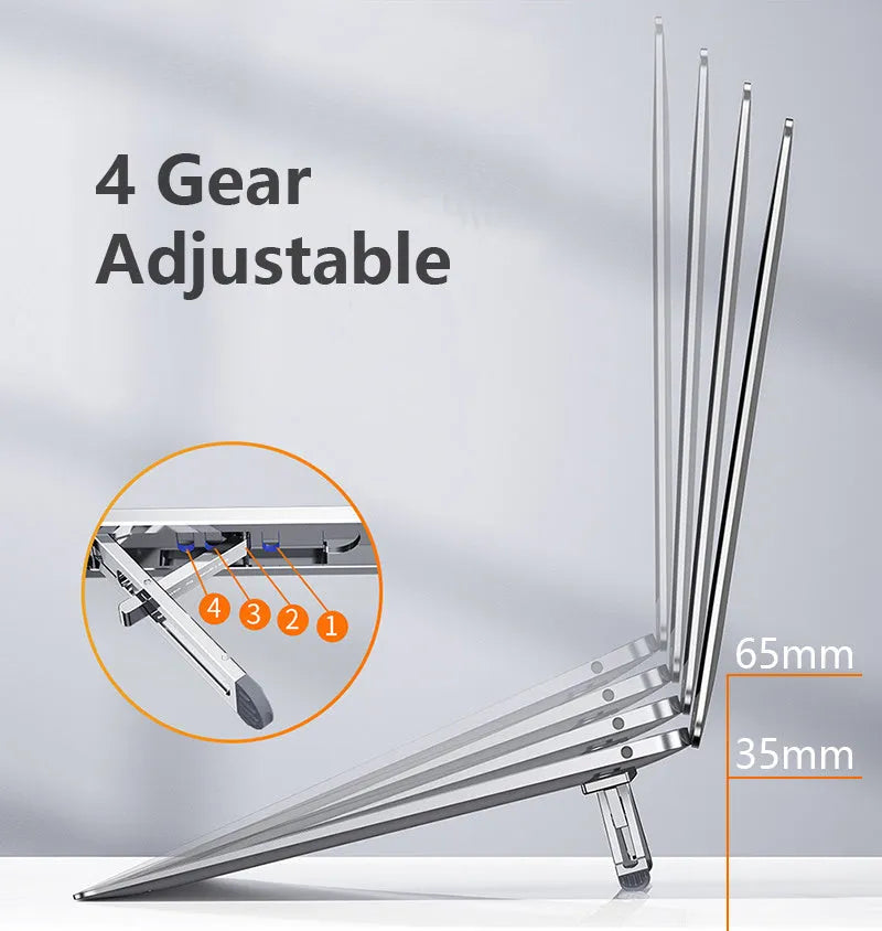 Silver aluminium laptop cooling stand with height adjustment mechanism on desktop