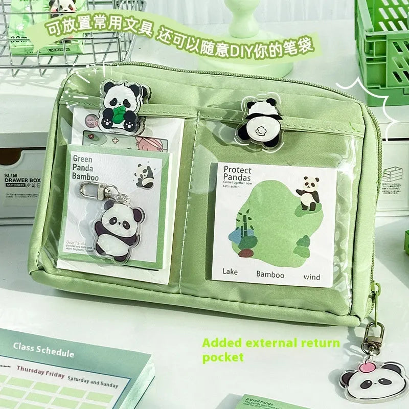 Green canvas pencil case with 12 layer compartments showing Korean style design