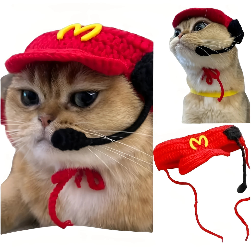 Handmade chef hat and cotton knitted sweater pet costume for a cat or small dog.