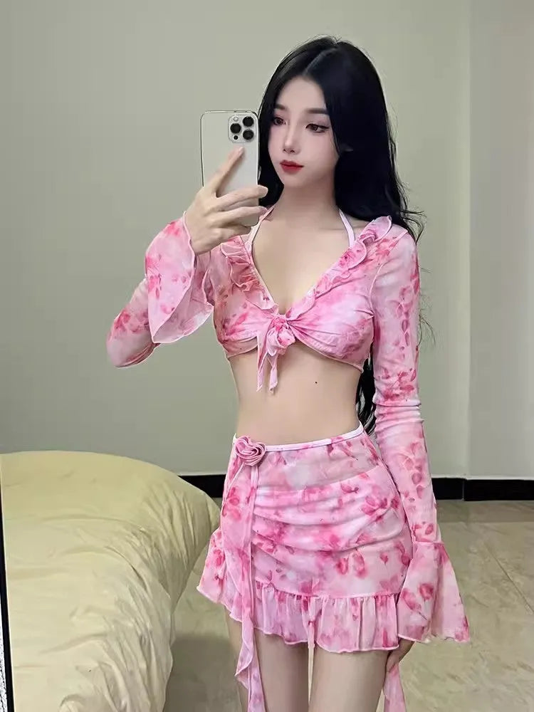 Women's floral bikini set in cherry blossom pink colour with polyester fabric