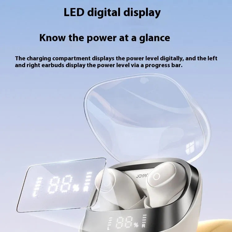 Beige wireless noise reduction in-ear headphones with charging case on a grey background.