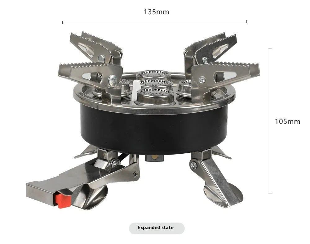 Silver portable stainless steel split camping stove shown with its 100cm fuel hose, folded to 155mm by 125mm.
