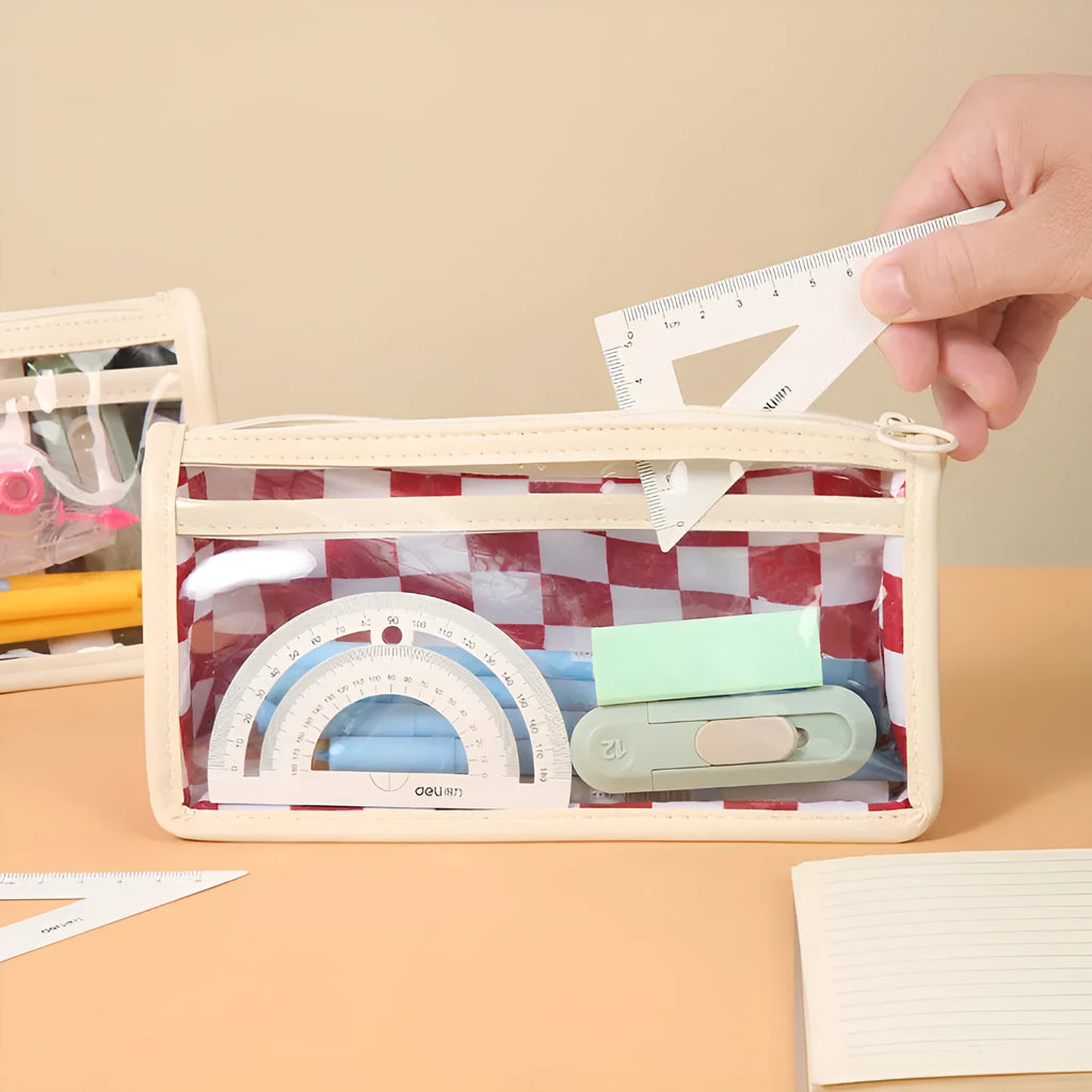 Chessboard pattern transparent PVC pencil case showing black and white grid design