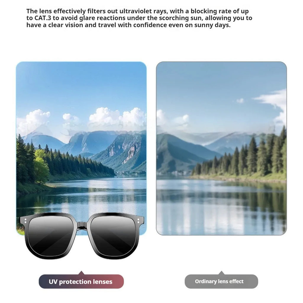 Black AI smart glasses with Bluetooth audio, UV protection lens, and touch controls on the frame.