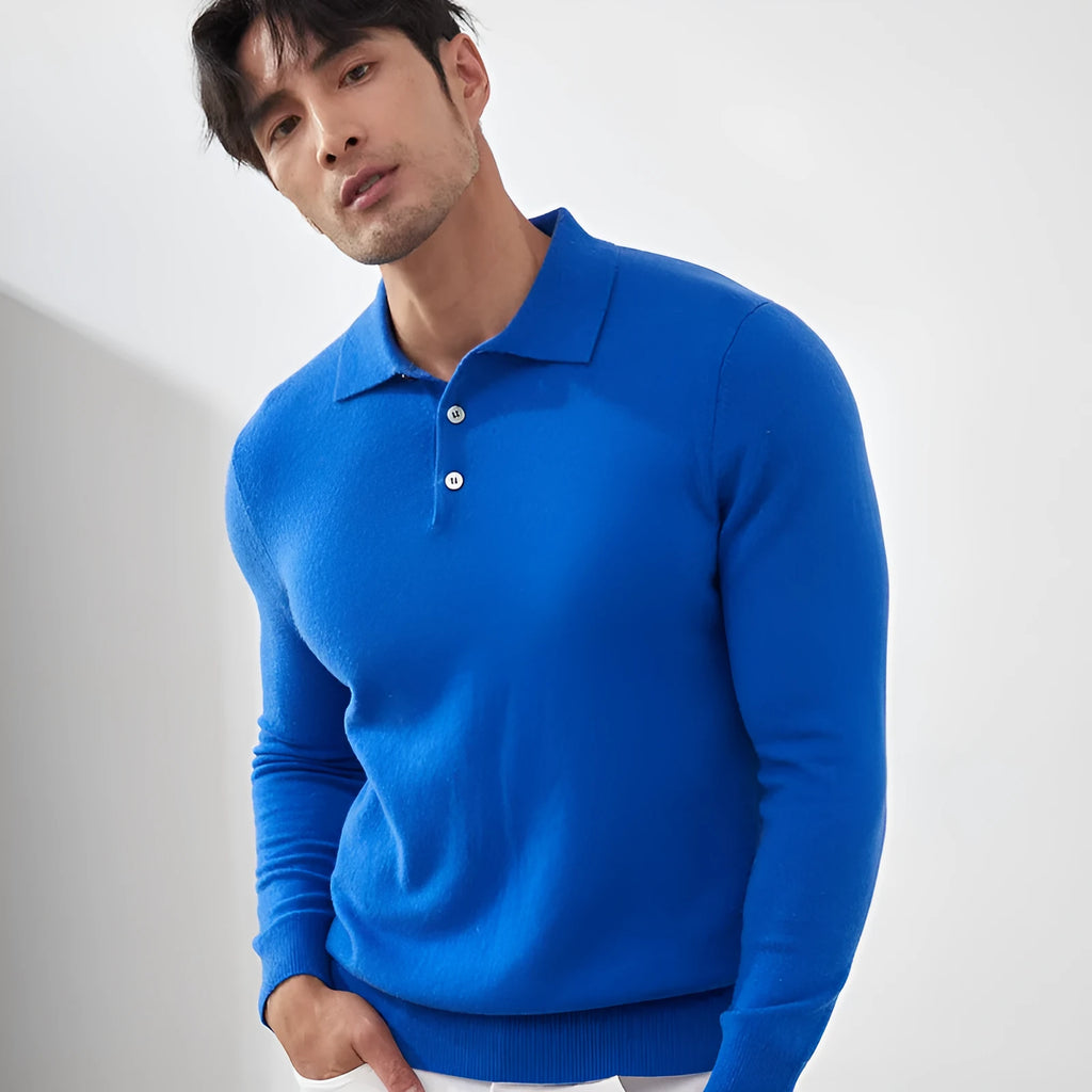 Man wearing a sapphire blue pure cashmere polo collar pullover sweater