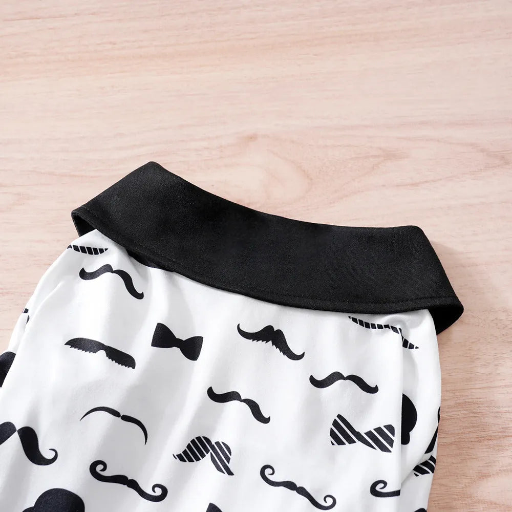 White casual polyester pet clothing for a small dog, showing sizes S, M, L, XL, XXL.