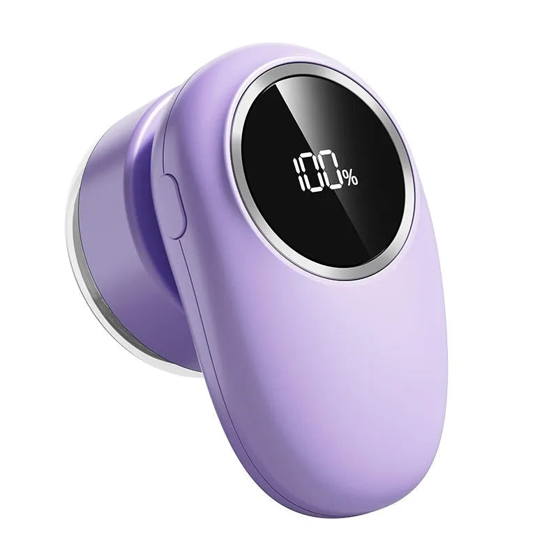 Purple and beige digital fur ball trimmer lint remover with multiple interchangeable cutter heads on display.