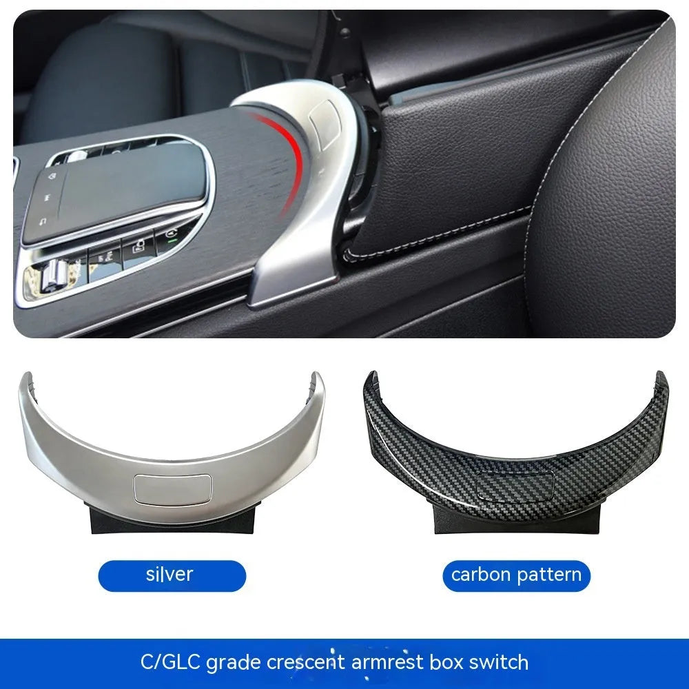 Electroplated replacement panel for Mercedes C-Class GLC-Class armrest button in silver, black, or carbon finish.