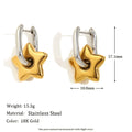 Gold coloured stainless steel jewellery set showing geometric earrings, necklace, and bracelet with round details.
