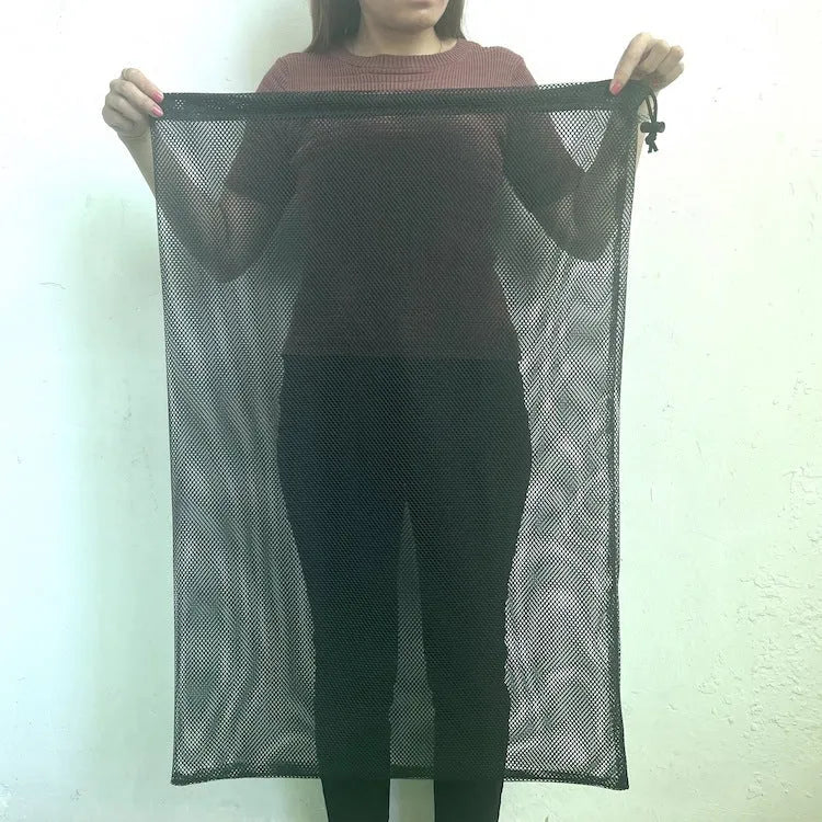 Black mesh drawstring storage bag for water toys in three different sizes.