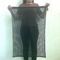 Black mesh drawstring storage bag for water toys in three different sizes.