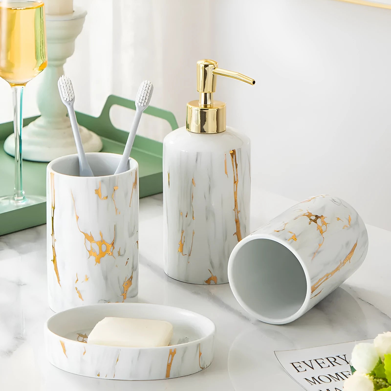 White ceramic bathroom wash set with two cups, latex bottle and soap box in gift packaging