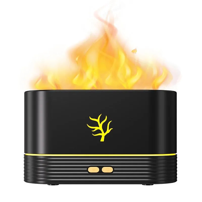 Square-shaped USB flame humidifier with LED aroma diffuser in white or black colour creating realistic fire effects