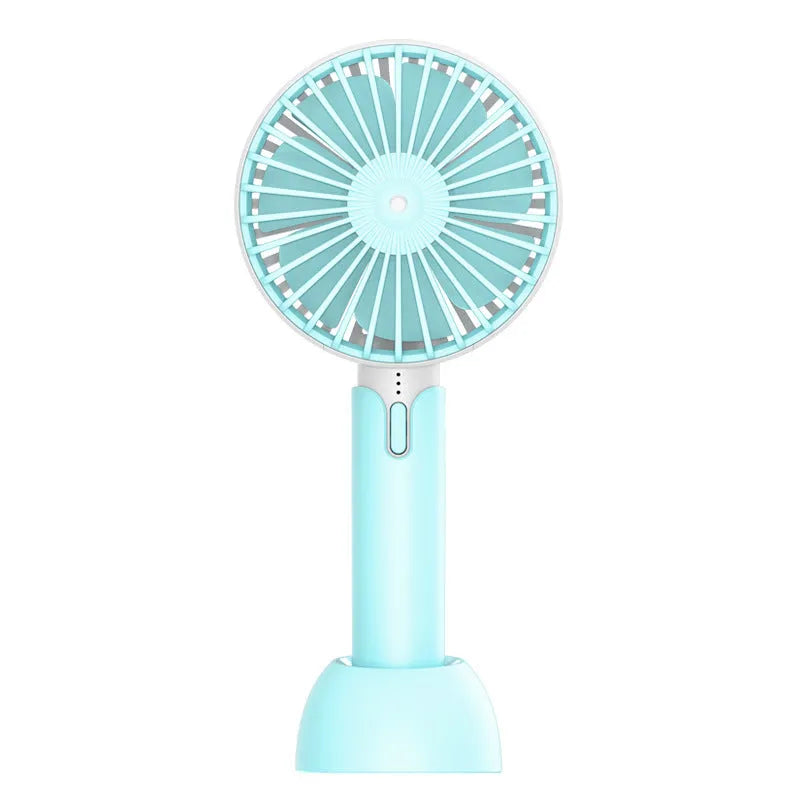 Blue handheld mini USB electric fan with three-speed control and oscillating head