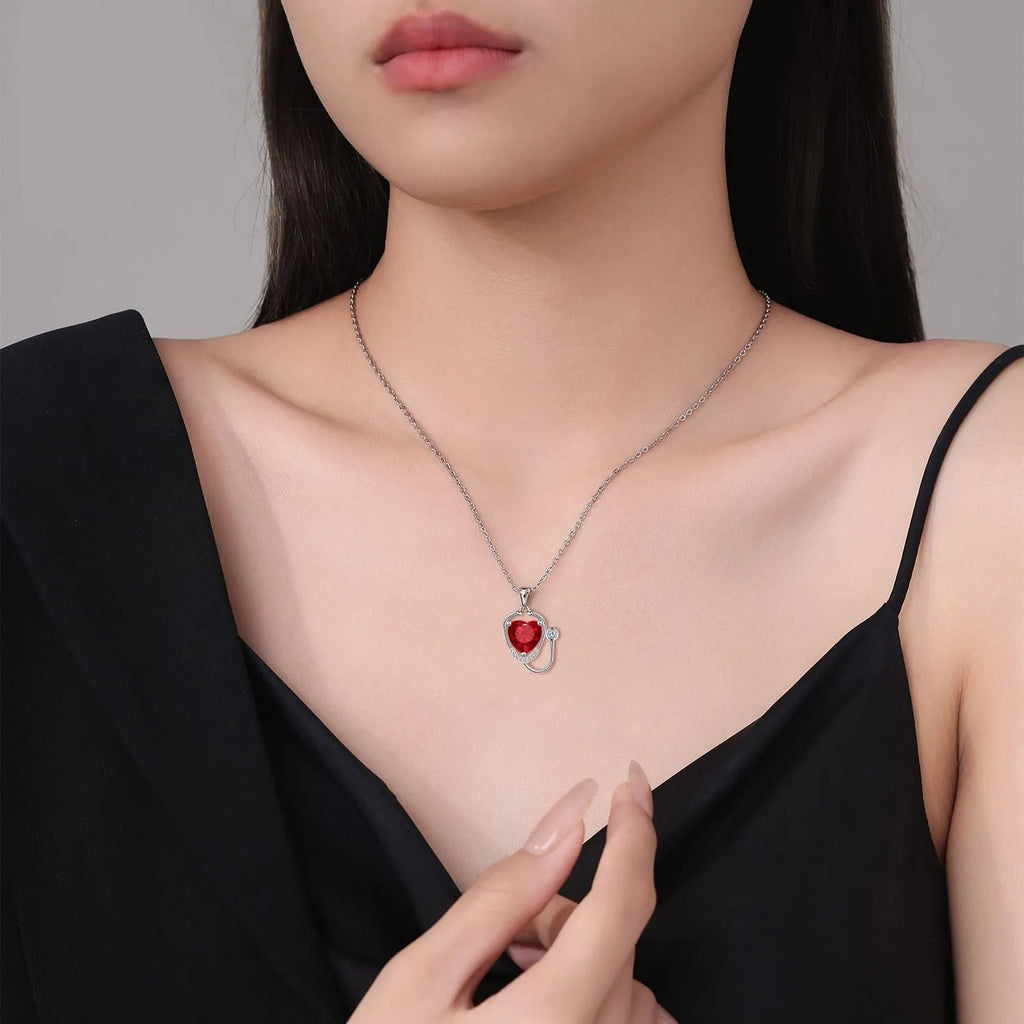 Women's copper stethoscope necklace with red diamond electroplated finish