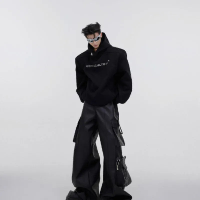 Men's red hooded sweater with three-dimensional metal printing and structured shoulder pads
