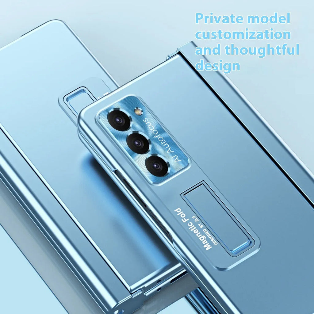 Magnetic suction phone case for Samsung Z Fold5 with hinge cover and bracket in ice lake blue