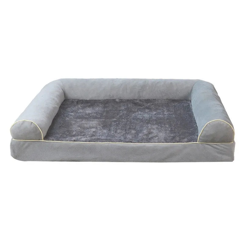 Square blue cloth dog bed with breathable sponge centre, shown in a home setting.