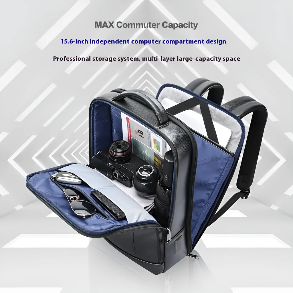 Black genuine leather men's business backpack with USB port and curved straps.