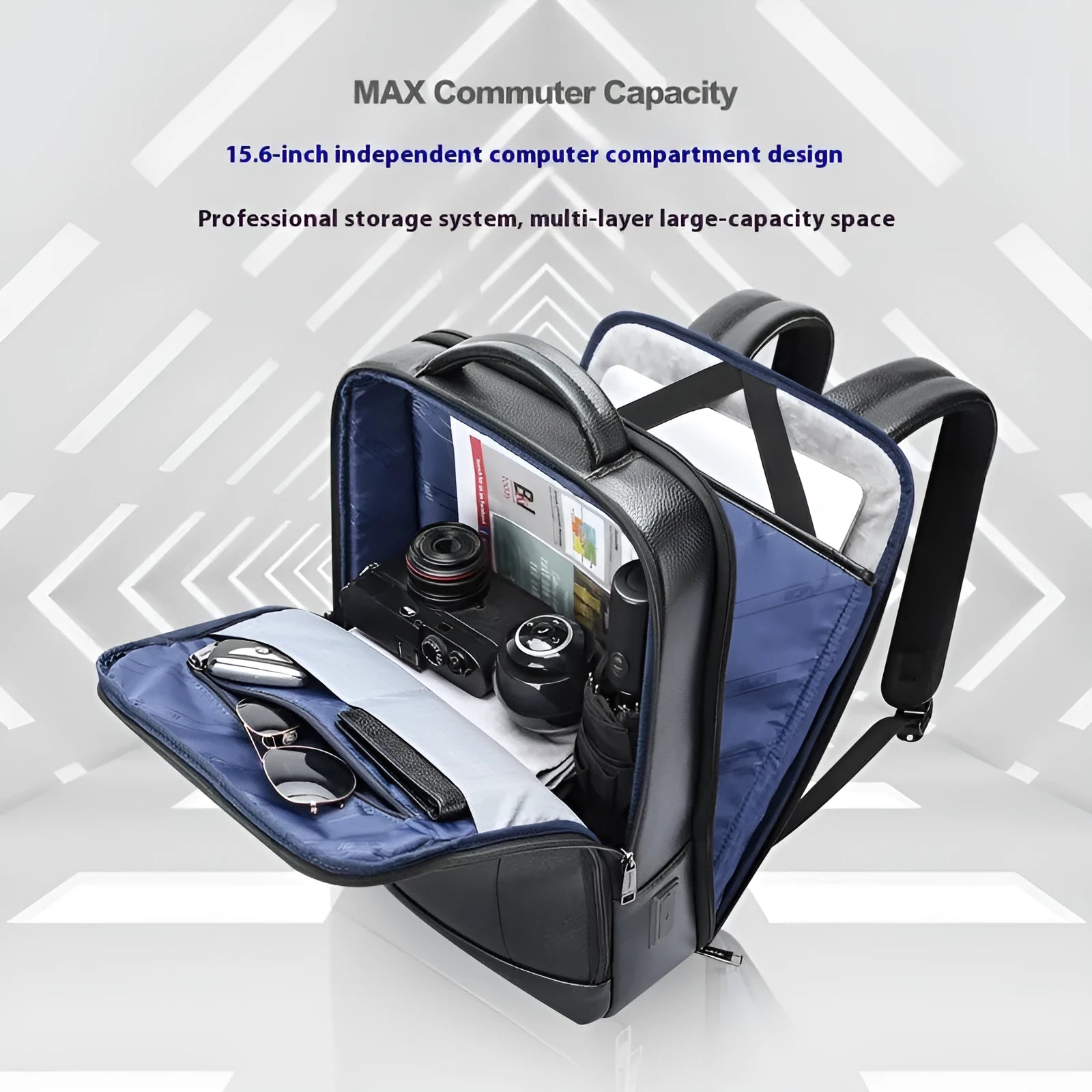 Black genuine leather men's business backpack with USB port and curved straps.
