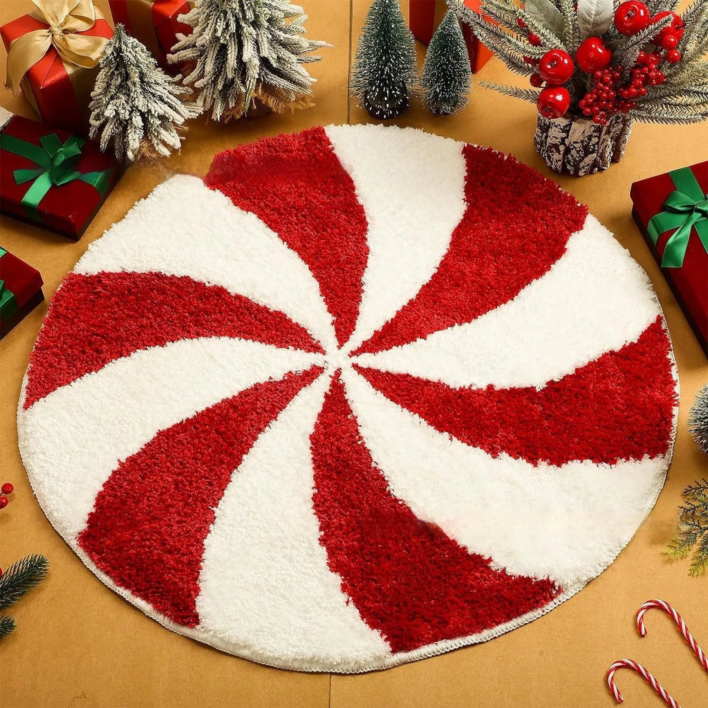 Square printed polyester Christmas carpet with festive design on a wooden floor.