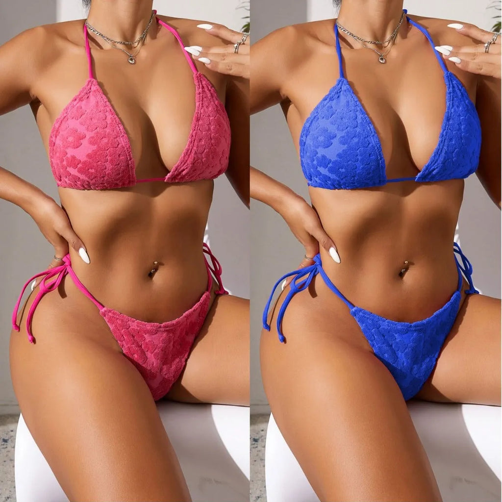 Women's lace-up bikini swimsuit in blue colour on a mannequin